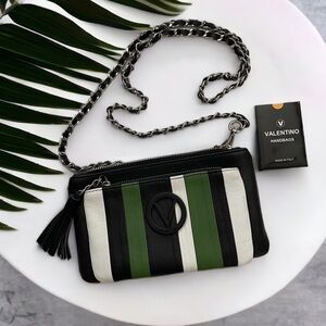 Valentino Mario Valentino YANET green milk black stripe chain strap purse